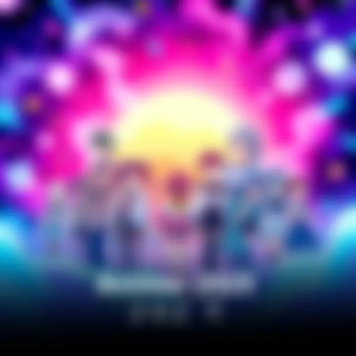 A group of anime characters representing popular trends for Summer 2025, surrounded by vibrant colors and community discussion symbols