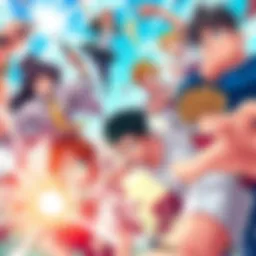 Dynamic scenes featuring various anime characters engaged in action and comedic moments