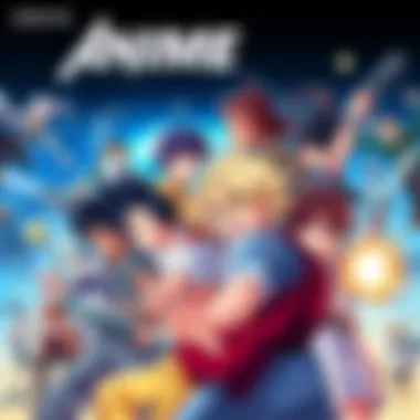 A collage of popular anime action characters in dynamic poses, showcasing engaging stories and thrilling scenes.