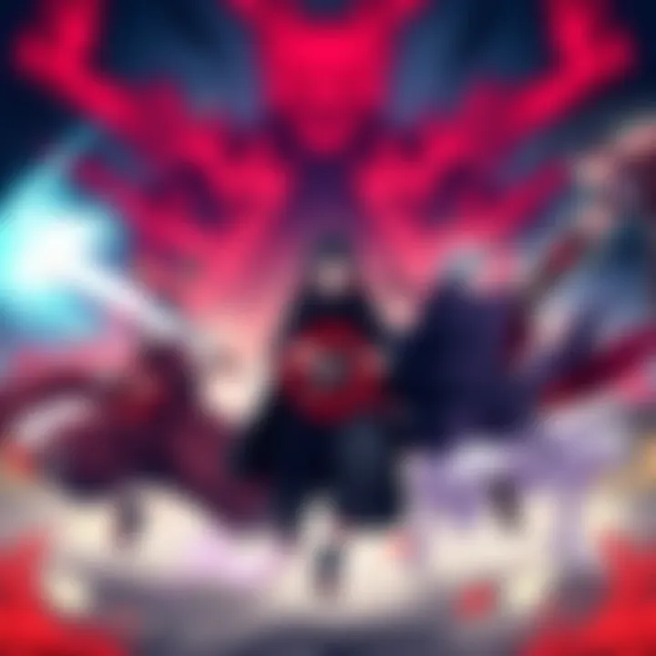 Sukuna, Kaido, Madara Uchiha, and Sosuke Aizen facing off in an intense battle setting, showcasing their unique gauntlets and powers.