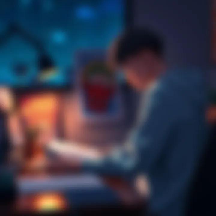 A person sitting at a desk, sketching anime art with bright colors under a desk lamp during late night hours