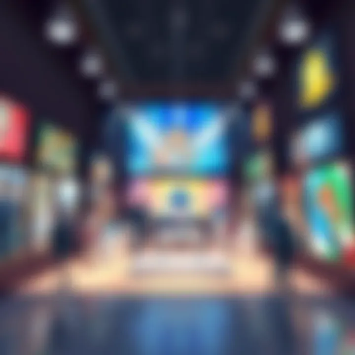 A lively art exhibit showcasing colorful anime-inspired artworks with people interacting and enjoying the atmosphere.