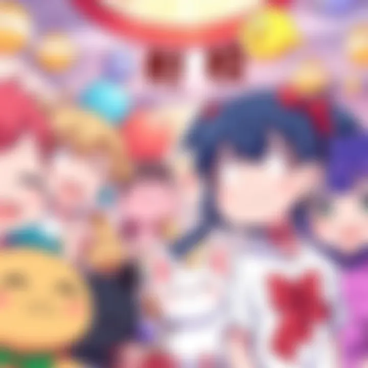 A vibrant scene featuring colorful anime characters with cheerful expressions and playful designs, reflecting a nostalgic art style reminiscent of classic shows.