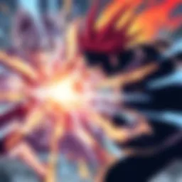 Anime characters in an intense battle Hisoka and Chrollo face off in a dramatic fight scene, showcasing their unique abilities and competitive spirit.