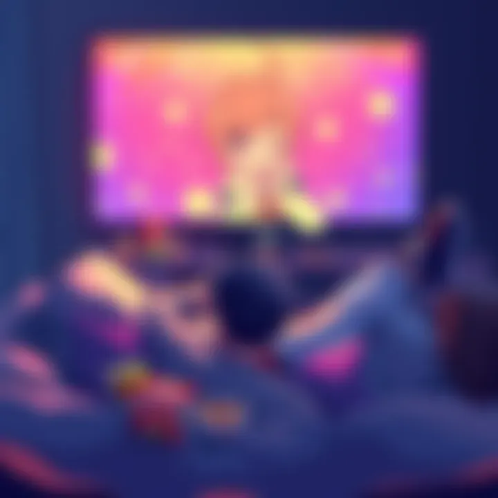 A person relaxing on a couch, surrounded by snacks, watching anime on a large screen, showing a playful anime character in vibrant colors.