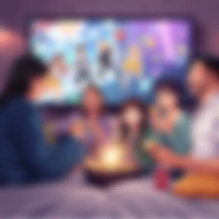 Group of friends enjoying snacks while watching anime on a large screen, excited expressions on their faces
