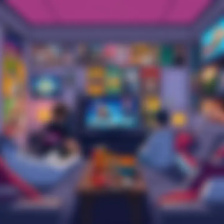 A cozy room with people watching anime on a TV, snacks on the table, and colorful anime posters on the walls.