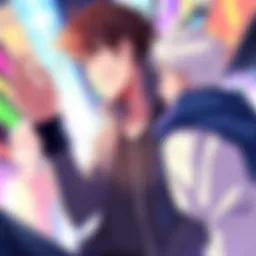 Anime characters showcasing friendship Two male anime characters smile and share a moment of friendship in a colorful setting, highlighting their bond and stunning art style
