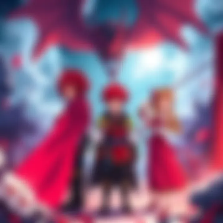 A scene showing a red-haired hero standing bravely with two brothers and a princess, ready to face a demon in a fantasy setting.