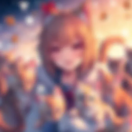 Anime character with cat features A colorful anime character with cat ears and tail, surrounded by playful kittens, symbolizing the connection between anime and cat culture.