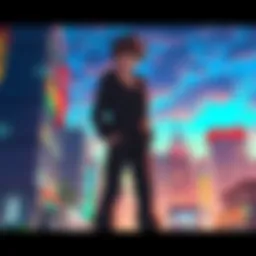 A character from the anime A Certain Dark Item stands in a cityscape, looking determined. The scene hints at action and adventure, set against a vibrant backdrop.