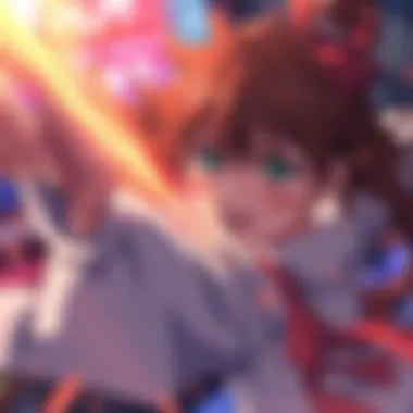 An anime character performing an action with expressive emotions, surrounded by vibrant visuals and dynamic poses, illustrating storytelling without excessive narration.