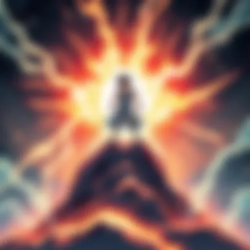 An anime character standing on a mountain peak, surrounded by energy waves, showcasing their determination to push past power limits.