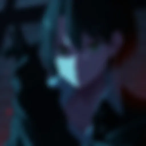 An anime character with a serious expression, surrounded by dark shadows, holding a weapon, reflecting on their twisted beliefs about morality.