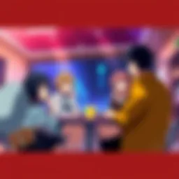 A group of anime characters discussing their roles in the series, with a focus on canon versus filler episodes, in a colorful and engaging setting.