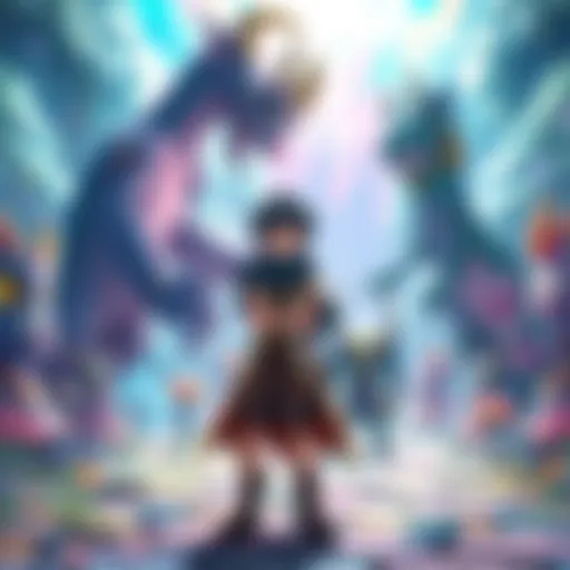 An anime character standing in a colorful fantasy world, looking confused and unable to communicate with magical creatures around them.