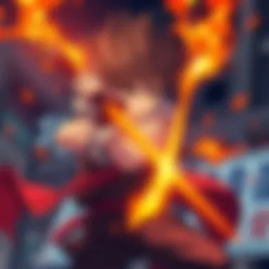 Anime character with fiery sword A dynamic anime character holding a flaming sword in a battle stance, showcasing an epic battle scene.