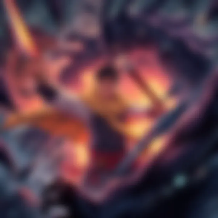 A dynamic scene of an anime character wielding a weapon, facing a dark foe, embodying themes of struggle and adventure.