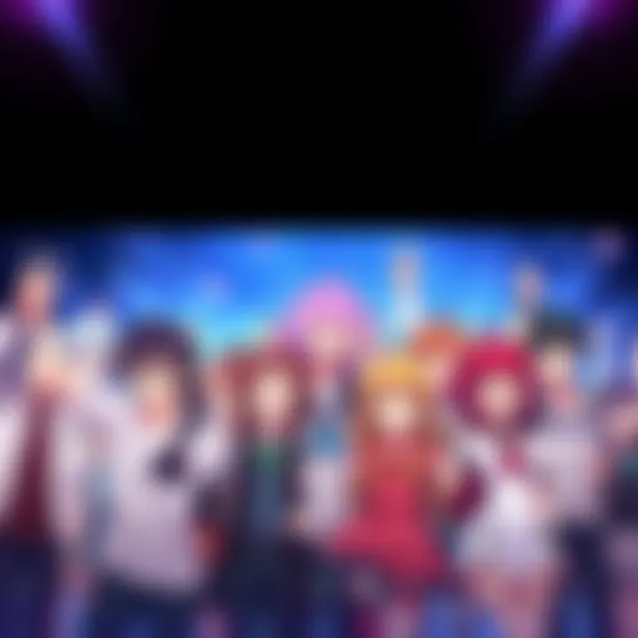 A group of popular anime characters celebrating upcoming announcements with excitement.