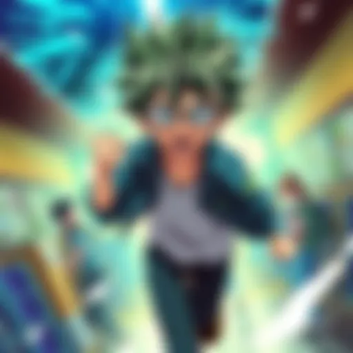 Anime character Midoriya in action, showcasing determination and growth with a vibrant backdrop of a school setting