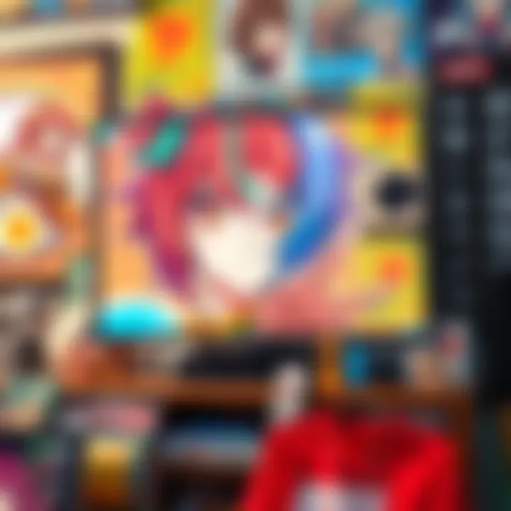 A vibrant anime character with colorful hair and expressive eyes on a TV screen, surrounded by various anime merchandise, symbolizing the anime culture.