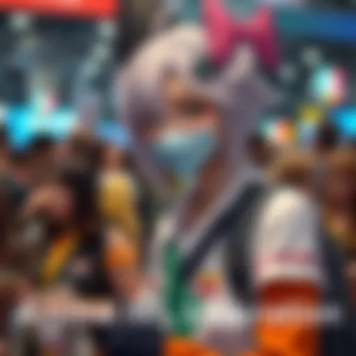A person dressed as an anime character, blending elements of cosplay and everyday life, surrounded by fans in an event atmosphere.