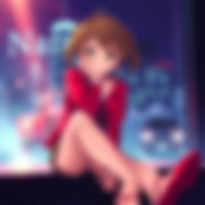 A female anime character dressed in a red outfit, sitting with her legs crossed, looking curious