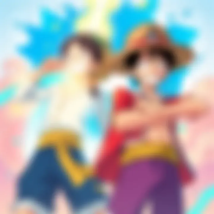 A colorful illustration showing Usopp with a glowing aura representing god level strength, alongside Luffy with a straw hat symbolizing his straw hat level, both in dynamic poses. Characters are set against a vibrant anime-style background.