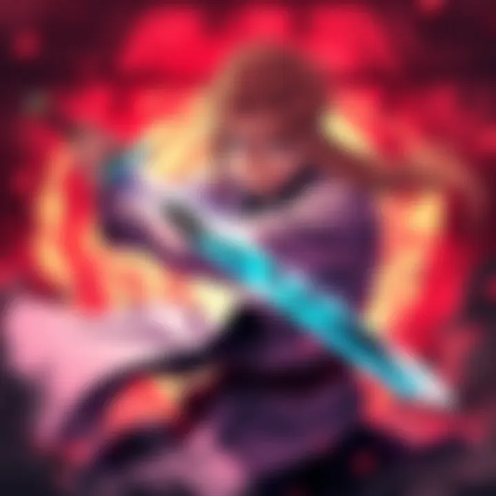 A fierce anime character wielding a sword, ready for battle, surrounded by a dramatic background