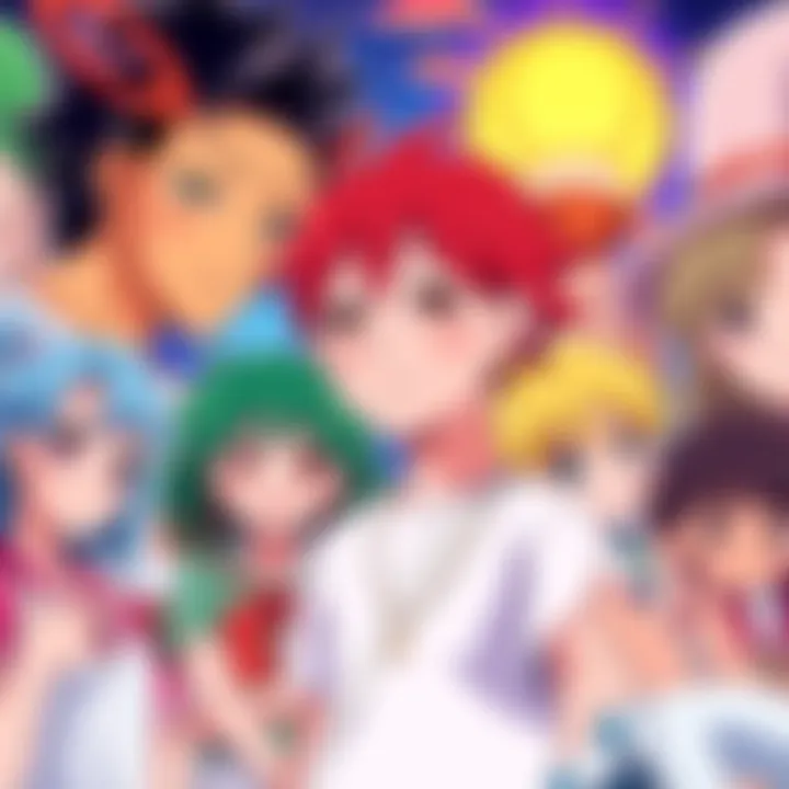 A colorful scene featuring popular anime characters from the late 90s and early 2000s, celebrating classic shows like Golden Boy and Great Teacher Onizuka.