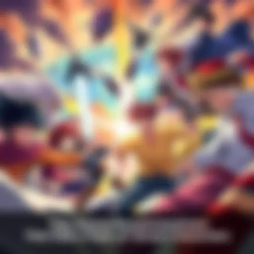 Anime Characters in Action Vibrant scene with diverse anime characters engaged in dynamic action poses, showcasing strong emotions and distinct styles.