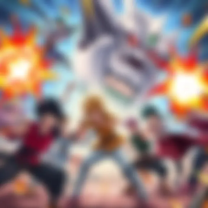 Anime Characters in Action A group of anime characters engaged in an intense action scene, showcasing fighting skills and energy blasts, appealing to fans of thrilling storylines.