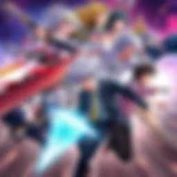 A dynamic scene featuring various anime characters from popular series, depicting action and strategy elements.