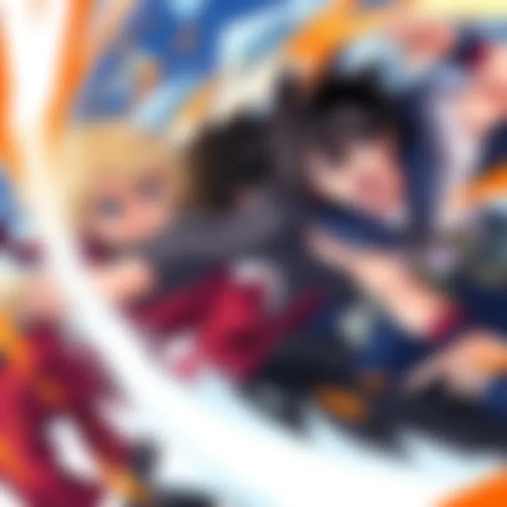 Three main characters from the anime engage in an exciting battle scene, showcasing their unique abilities and vibrant expressions.