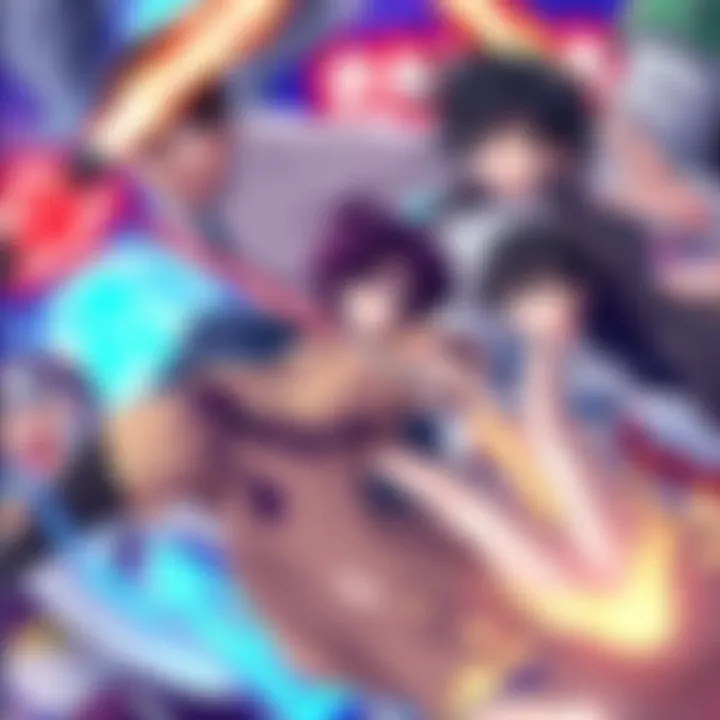 Popular anime characters engaging in an exciting battle scene, showcasing their unique abilities and expressions