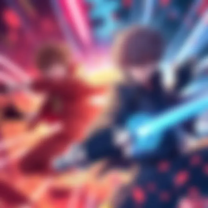 Dynamic anime characters clash in an action scene with vibrant backgrounds, showing elements of thrill and romance.