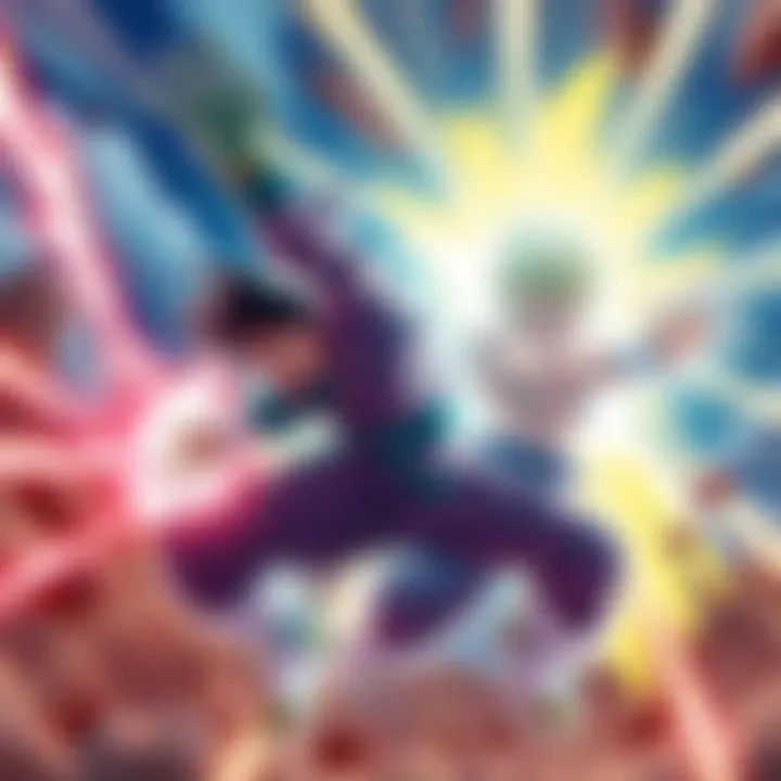 Dynamic scene of powerful anime characters engaging in an intense battle with vibrant energy effects