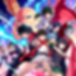 Anime characters in action A vibrant scene featuring various anime characters from different genres engaging in action-packed moments