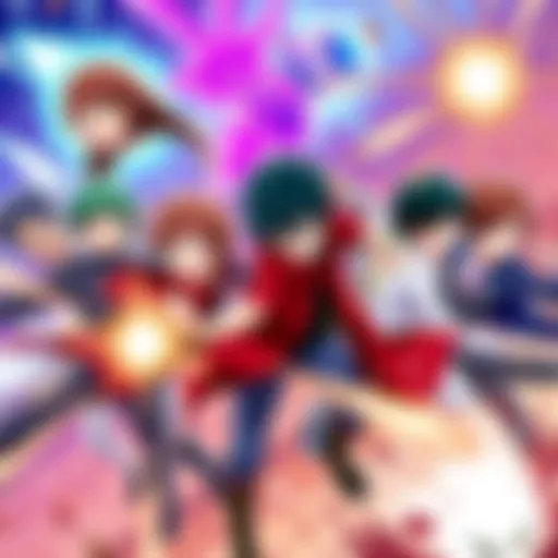 A group of anime characters from popular series like Demon Slayer and My Hero Academia engaged in a dynamic battle scene, showcasing their unique powers and personalities.