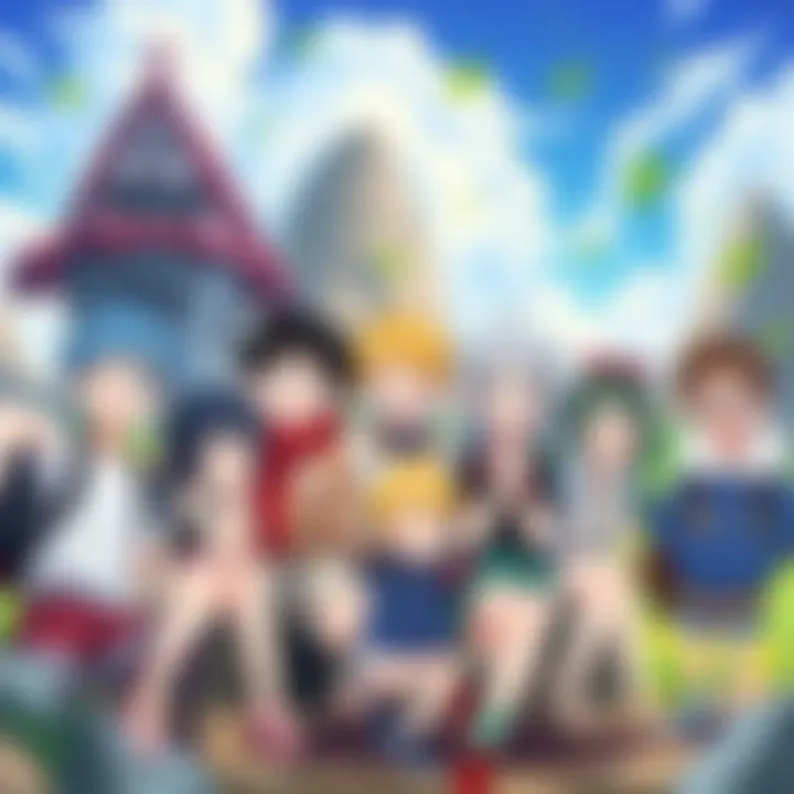 A group of colorful anime characters in a fantasy landscape, smiling and posing together, showcasing humor and adventure