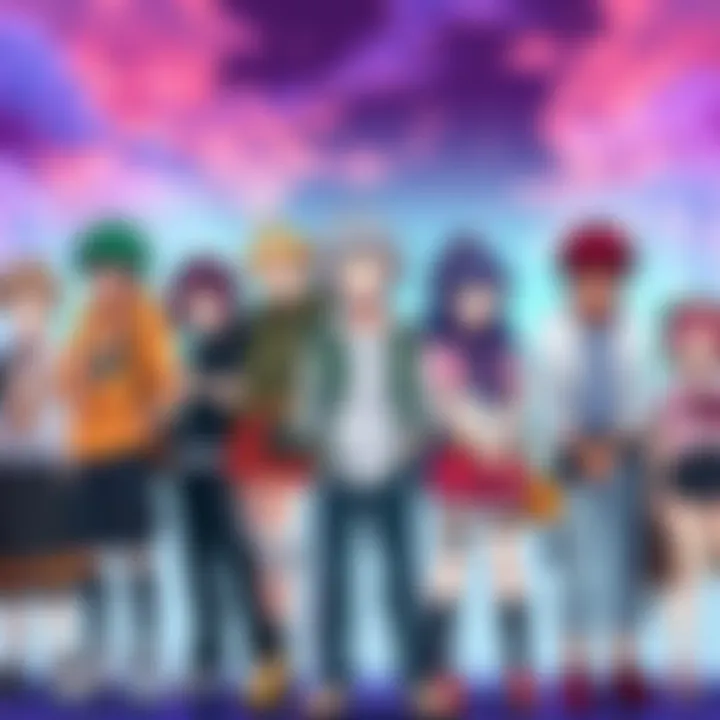 A group of anime characters standing together, showcasing their unique styles and expressions, symbolizing friendship and adventure in a colorful setting