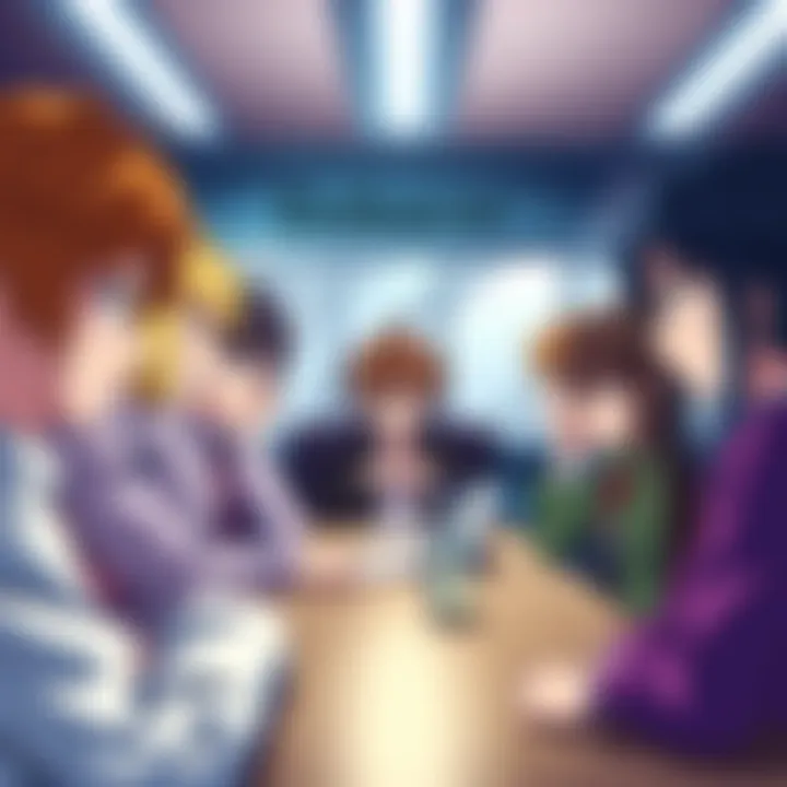 A group of anime characters discussing events at the Endeavor Agency, showing expressions of confusion and boredom, with a few characters yawning.