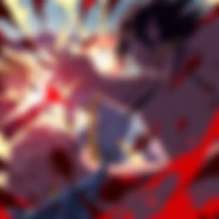 Anime characters engaging in an intense and violent fight, showcasing blood and action, representing the gory themes seen in series like Invincible.