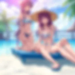 Anime characters enjoying a beach day Two anime characters in swimsuits relaxing on the beach with tropical scenery