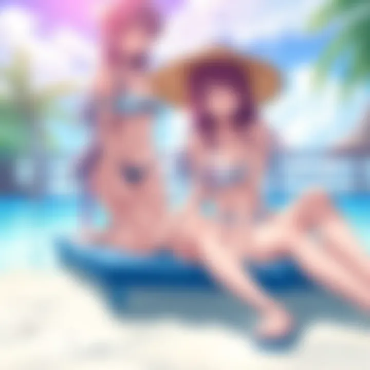 Anime characters enjoying a beach day Two anime characters in swimsuits relaxing on the beach with tropical scenery