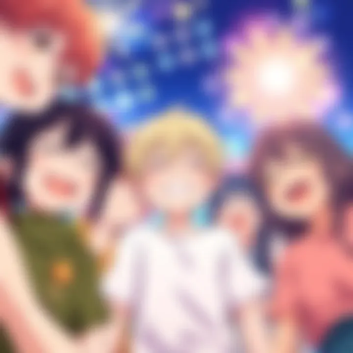 A group of cheerful anime characters smiling and surrounded by bright colors, depicting happiness and comfort.