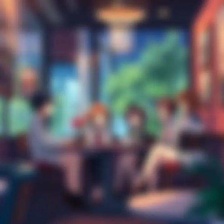 A group of anime characters sitting together in a cozy café, discussing their feelings and experiences related to love and loss.