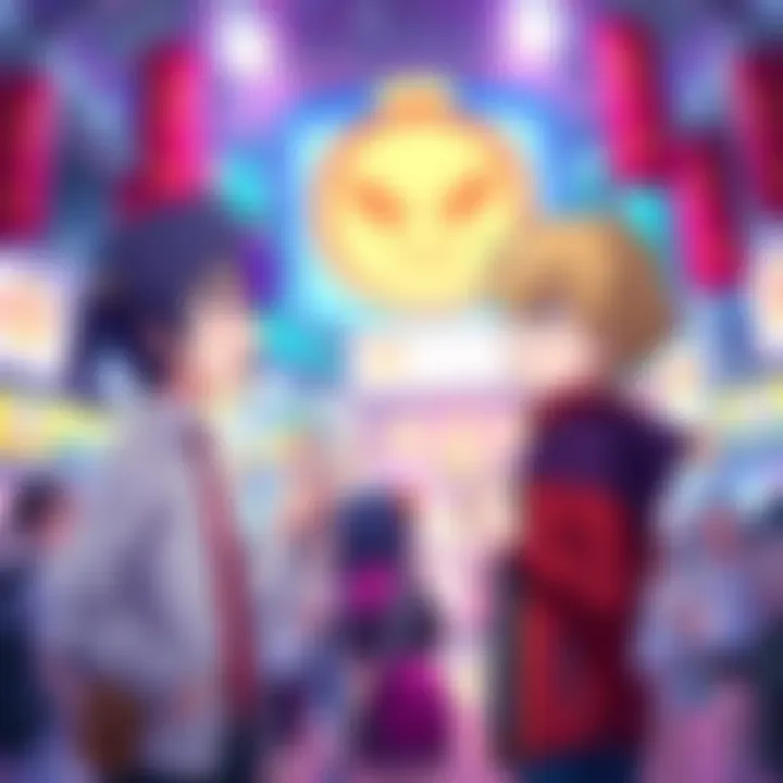 Two anime characters animatedly discussing the concept of canon in a vibrant setting with a crowd of fans around them.