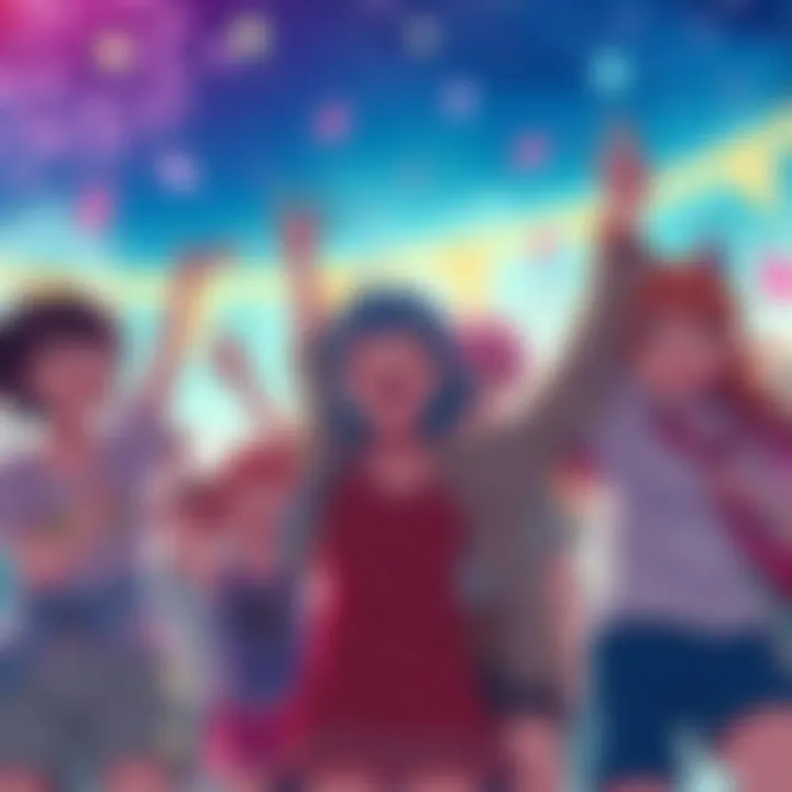 Anime characters joyfully celebrating epic moments together