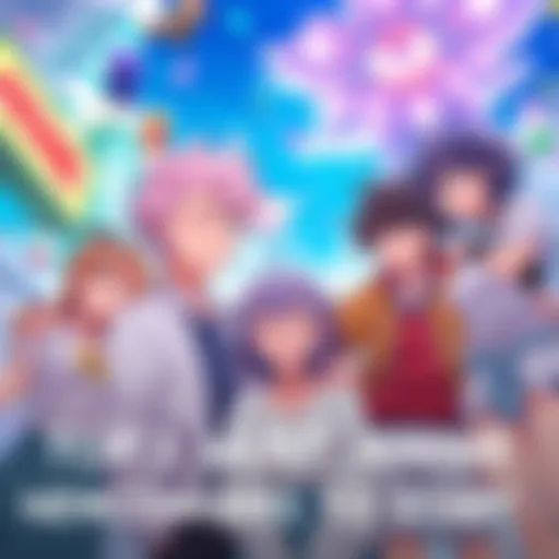 Colorful anime characters from various genres sharing a joyful moment, showcasing action and adventure in a vibrant setting.